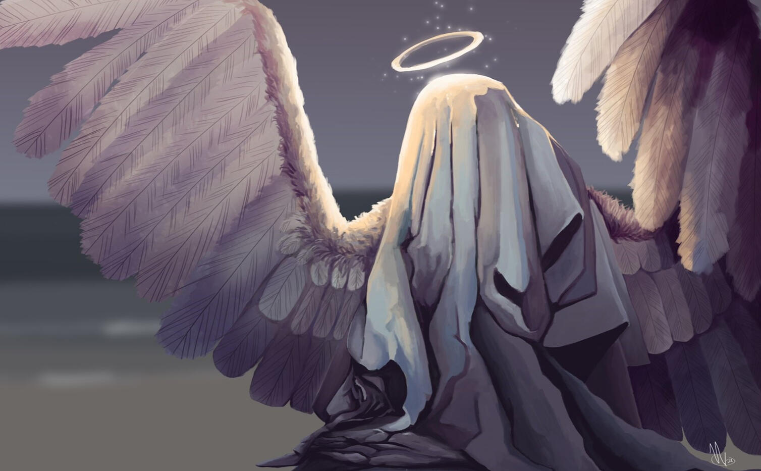 An illustrated image of a winged figure, draped in cloth. They appear to be on a beach, their feathered wings outstretched.