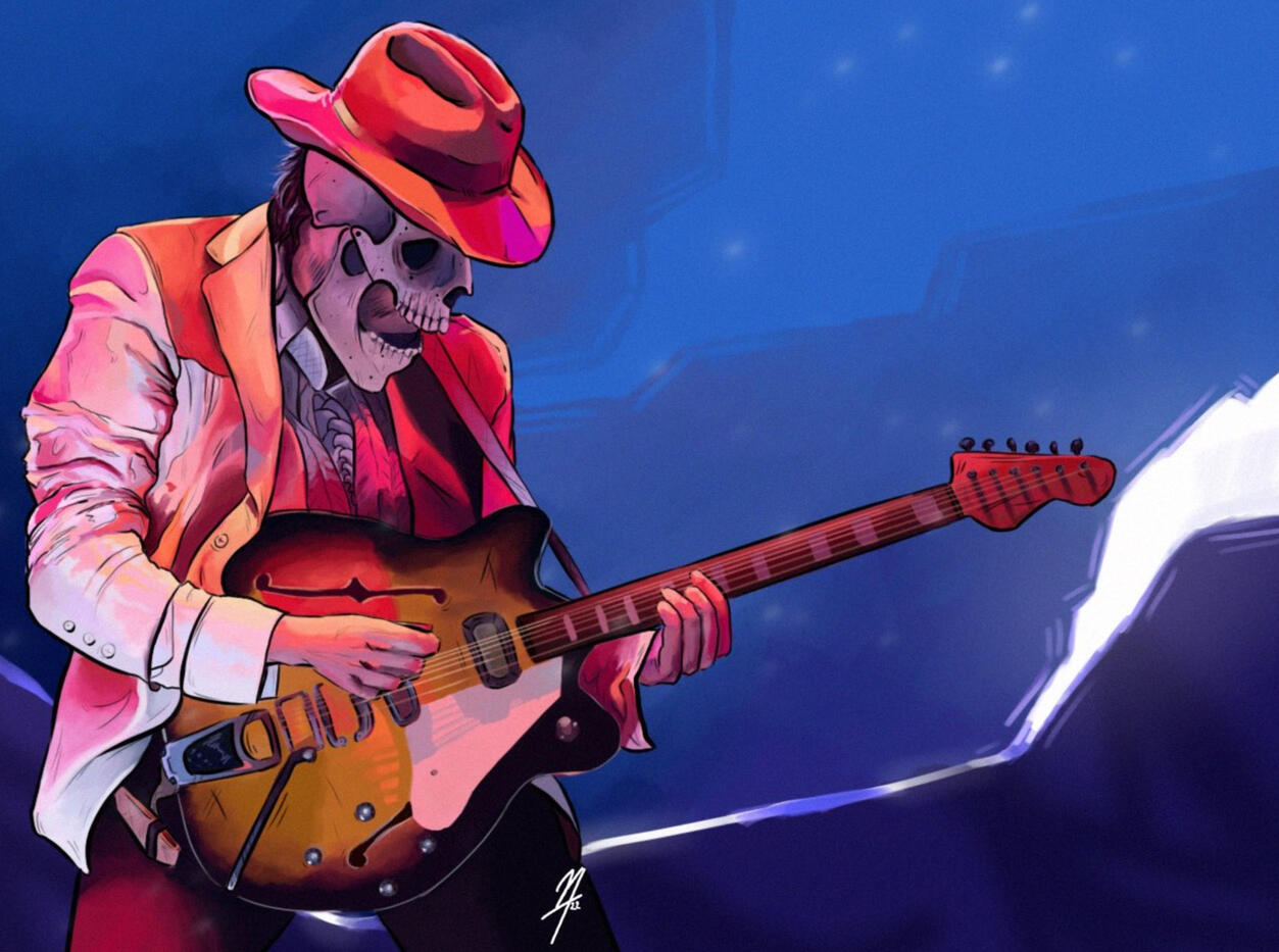 An illustration of a well-dressed masc-presenting person, wearing a skull mask and a cowboy hat. They are playing an electric guitar.